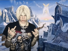 a man wearing a black shirt with a skull on it is giving the middle finger