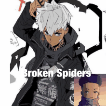 a drawing of a boy with the words broken spiders below him