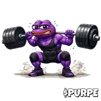 a cartoon of a purple frog squatting while holding a barbell with the word purpe below it