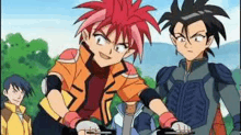 a couple of anime characters standing next to each other on a bike .