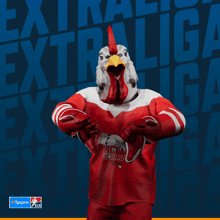 a chicken mascot wearing a red and white jersey that says extraliga on it
