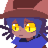 a pixel art of a person with yellow eyes and a hat .