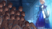 a group of anime characters are sitting in a room and shirou is standing in the foreground