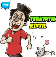 a cartoon of a man standing next to a cat with the words terkintil kintil below him