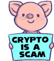 a cartoon pig holding a sign that says crypto is a scam