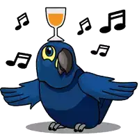 a blue parrot has a glass of wine on its head