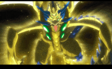 a yellow and blue dragon with green eyes and teeth