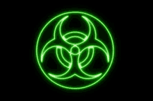 a neon green biohazard sign in a circle on a black background .