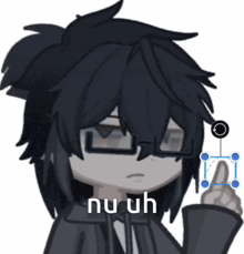 a cartoon character with long black hair and glasses is wearing a black jacket and holding a blue object .