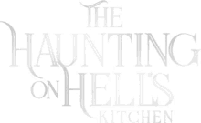 the logo for the haunting on hell 's kitchen is a white logo on a white background .