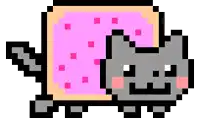 a pixel art drawing of a cat with a pink toaster on its head