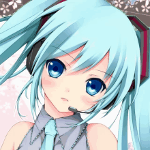 a close up of a girl with blue hair and headphones