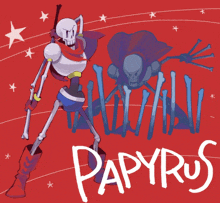 a drawing of papyrus holding a sword with a red background