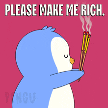 a penguin holding incense sticks with the words please make me rich