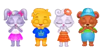 a group of cartoon characters are standing in front of a pink heart