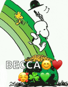 a cartoon of snoopy and woodstock jumping over a rainbow with the name becca