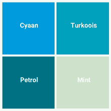 four squares of different shades of blue with the words cyaan turkoos petrol and mint written on them