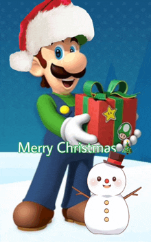 a mario holding a gift next to a snowman with merry christmas written on it