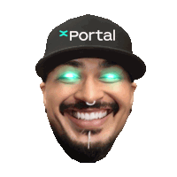 a man wearing a black hat with portal on it