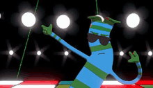 a cartoon character wearing sunglasses and a hat is dancing on a stage in front of a crowd .