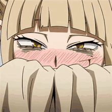 toga from my hero academia is covering her face with her hands and making a funny face .