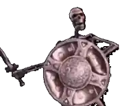 a drawing of a skeleton holding a shield with the number 51 on the bottom