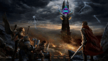 a group of warriors are standing in front of a tower with a purple skull on top