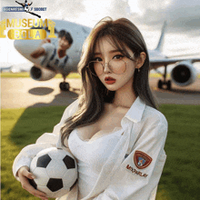 a woman holding a soccer ball in front of an airplane with the words museum bola on it