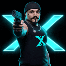 a man is holding a gun in front of a blue x