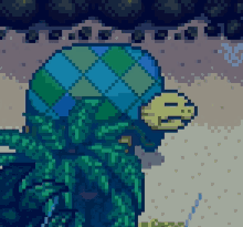 a pixel art of a turtle wearing a blue and green plaid hat