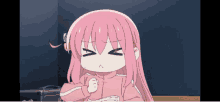 a girl with pink hair is making a sad face while sitting on a bench .