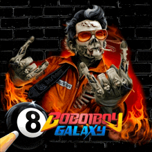 a picture of a skeleton smoking a cigarette with the words 8 cocoboy galaxy below it