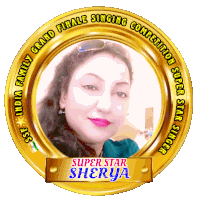 a gold circle with a picture of a woman and the words super star sherya