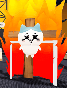 a cartoon cat is hanging upside down on a wooden post