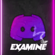 a purple discord logo with a smoke coming out of it and the words `` examine '' underneath it .