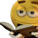 a yellow smiley face is reading a book with a serious look on his face .