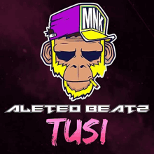 a monkey wearing a purple hat smoking a cigarette with the words aleteo beate tusi below it