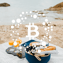 a picture of a picnic on a beach with a bitcoin symbol in the background