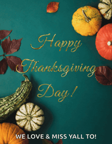 a green background with pumpkins and leaves with the words happy thanksgiving day