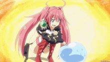 a girl with pink hair and blue eyes is kneeling next to a blue sphere