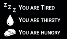 a sign that says zzz you are tired you are thirsty and you are hungry