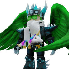 a cartoon character with green wings holding a unicorn