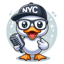 a duck wearing glasses and a hat is holding a microphone .