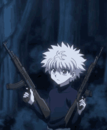 a boy with white hair is holding two guns