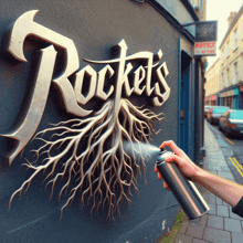 someone spray paints the word rockets with roots