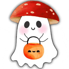 a ghost with a mushroom hat is holding a pumpkin bucket