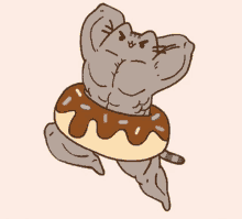 a cartoon drawing of a cat with muscles and a donut around his neck