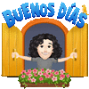 a cartoon woman is standing in a window with flowers and the words buenos dias .