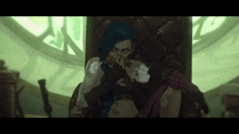 a woman with blue hair is sitting in a chair and smoking