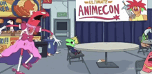 a cartoon scene with a sign for animecon in the background